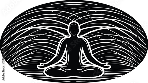 Meditation Energy Flow – Silhouette of Yoga with Radiating Spiritual Aura in Lotus Pose.