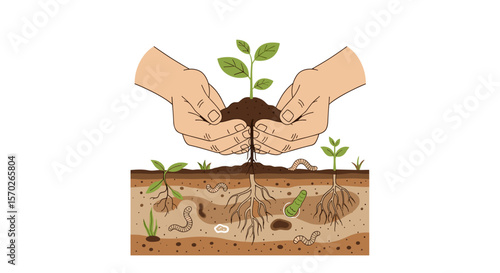 Hands holding plant above soil with worms and roots illustration