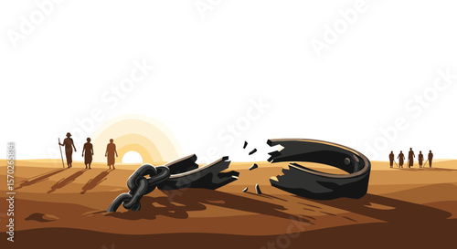Broken shackles on desert ground with people walking towards the horizon