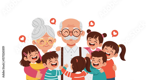 Illustration of grandparents surrounded by their grandchildren smiling