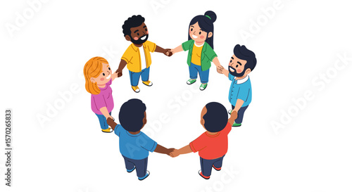 Cartoon diverse group of people holding hands in a circle formation view
