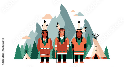 Three native american men standing in front of mountains and teepees