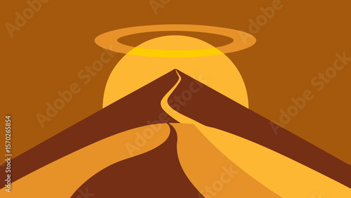 An orange and yellow sunset desert landscape illustration with silhouettes of a man, woman, and a woman with an umbrella