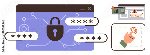 Lock icon with encrypted passwords, alert on statistics, and hand interaction symbol. Ideal for cybersecurity, account protection, system security, digital safety, technology, online threats simple