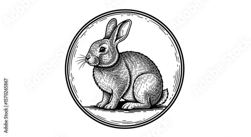 Illustration of a sitting rabbit inside an oval frame with line detailing