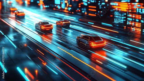 Futuristic city highway at night with glowing cars