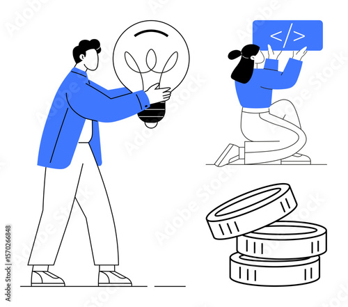 Person holding light bulb symbolizes ideas, woman writing code represents innovation, and stacked coins indicate financial success. Ideal for teamwork, creativity, development, innovation