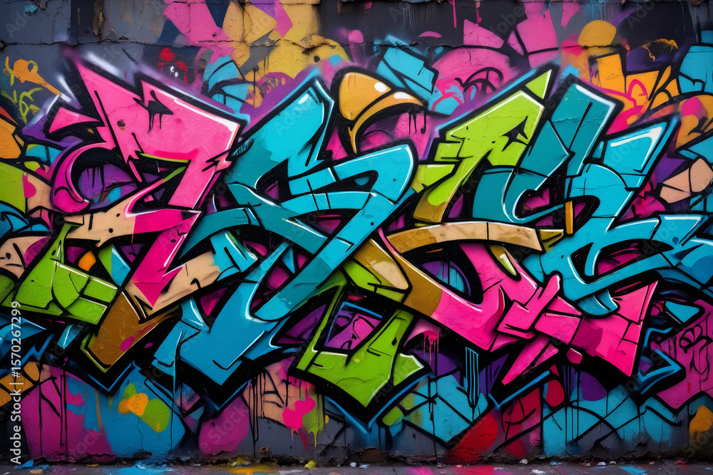 Vibrant Graffiti Wall Art: Abstract Bold Colors, Energetic Style, Urban Street Art Texture