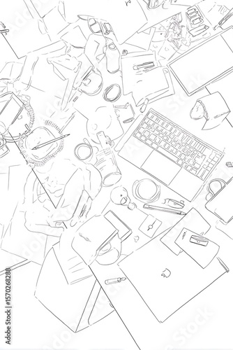 A chaotic arrangement of office supplies on a desk.