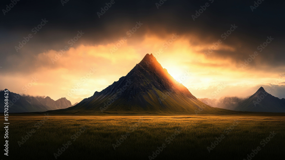 Majestic Mountain Peak Surrounded by Dramatic Sky and Soft Golden Light in Remote Wilderness Landscape During Sunset or Sunrise Majestic Mountain Peak Surrounded by Dramatic Sky and Soft Golden Light in Remote Wilderness Landscape During Sunset or Sunrise