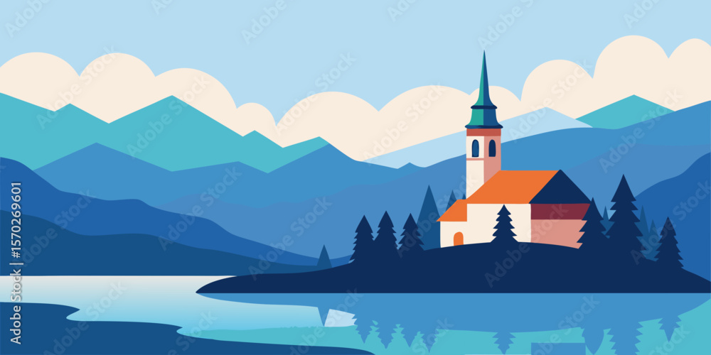 Naklejka premium Alpine church overlooking Lake Bled amidst a majestic mountain landscape, a timeless symbol of European architecture and natural beauty
