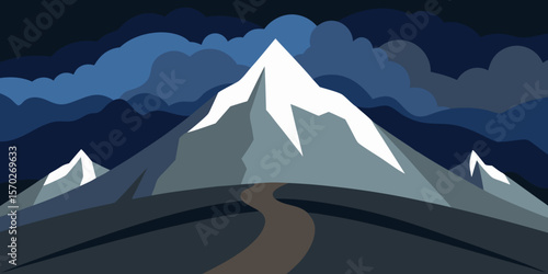 Snowy mountain peaks dominate the winter landscape under a vast sky, with glaciers and ice hinting at the cold, high-altitude nature
