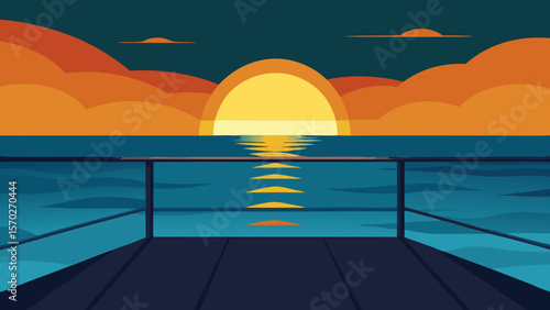 Dramatic twilight paints the tranquil ocean and sky, with the sun's last reflections dancing on the waves along the beach horizon