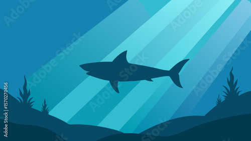 Shark swimming underwater in the blue ocean, a dangerous marine animal silhouette