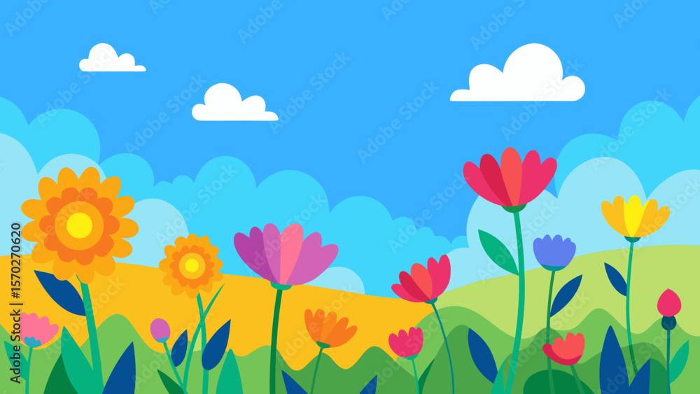 Fototapeta premium Blue sky and clouds embrace a vibrant spring meadow, bursting with colorful flowers and green grass, creating a beautiful summer landscape