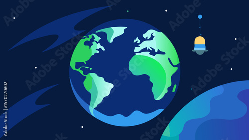 Global map illustration of planet Earth and the Moon in space, a blue sphere depicting continents of America, Europe, and Asia, ideal for business communication
