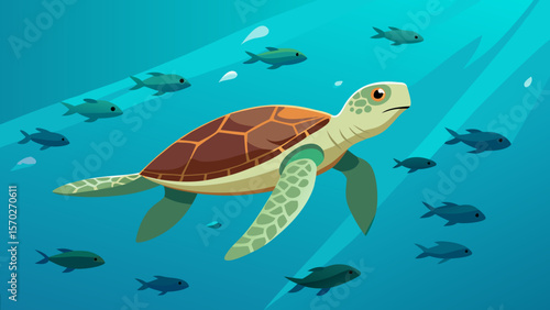 Green sea turtle swimming gracefully underwater amongst coral reefs