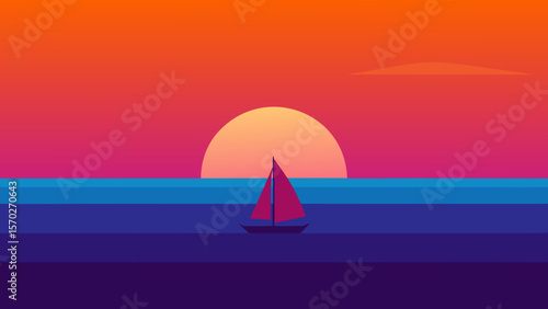 A beautiful sailboat glides across the tranquil sea at sunset, its sails catching the last rays of sun