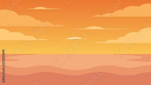 Golden sun dips below the horizon, painting the sky with fiery orange and red hues over a serene beach landscape