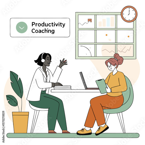 Two women at a desk having a productivity coaching session with a laptop and tablet in a light room setting