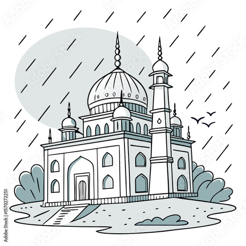 Illustration of the taj mahal with rain falling and birds flying in a monochrome color palette style