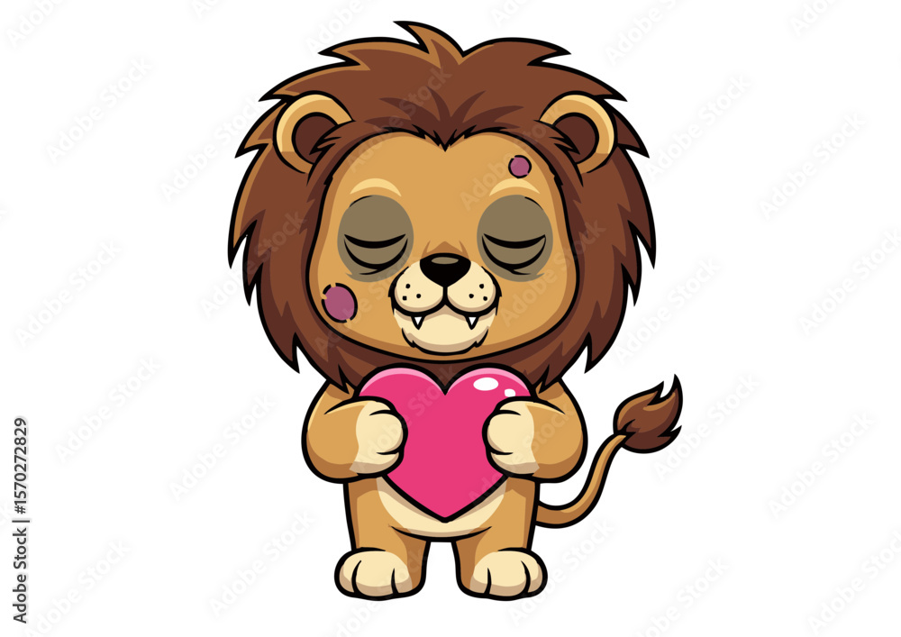 Adorable Cartoon Lion Holding Pink Heart Closed Eyes Smiling Cute Design. Adorable Cartoon Lion Holding Pink Heart Closed Eyes Smiling Cute Design.