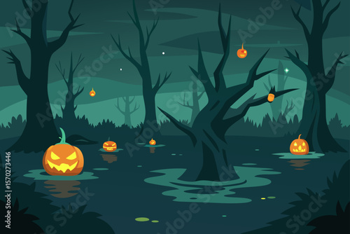 Spooky Halloween night with a dark pumpkin tree, bats, and an orange moon illustration