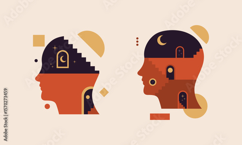 abstract human head with stairs, doors, geometric shapes inside Vector illustration. Concept of thinking process, solving problems, searching solution, inner world of mind, brain, psychotherapy
