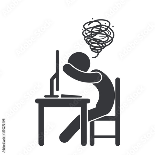 Isolated pictogram of a stressed person sitting at desk with chaotic swirl above head, symbolizing study frustration, mental fatigue, and burnout.