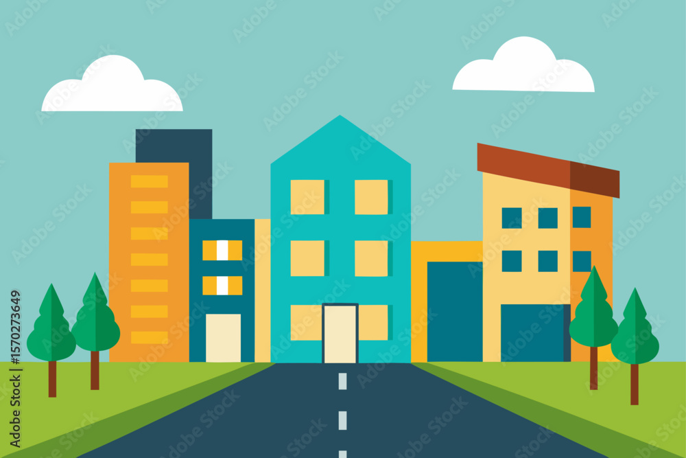 Obraz premium Colorful cartoon vector illustration of a vibrant urban cityscape with houses, buildings, trees, and a bright sky, perfect for a cheerful street design or real estate ad