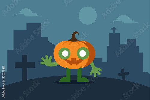 Spooky Halloween night with an evil orange pumpkin lantern and cat illustration on a dark cemetery background, perfect for an autumn holiday celebration design