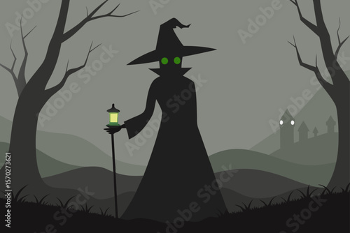 Spooky Halloween night with a witch and pumpkin, a dark vector illustration featuring a scary silhouette, bats, and a tree under a magic moon