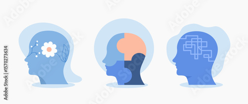 Set of Mental health illustration. mental disorder fight against stress, depression, emotional burnout and other psychological problems. Psychotherapy concept. Vector illustration