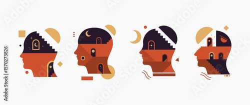 Set of abstract human head with stairs, doors, geometric shapes inside Vector illustration. Concept of thinking process, solving problems, searching solution, inner world of mind, brain, psychotherapy
