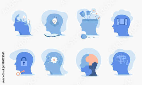 Set of Mental health illustration. mental disorder fight against stress, depression, emotional burnout and other psychological problems. Psychotherapy concept. Vector illustration