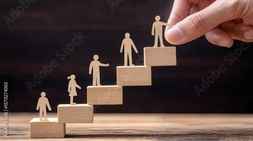 Wooden human figures ascend wooden blocks arranged as stairs, with a hand placing the top figure, symbolizing growth, progress, and leadership.