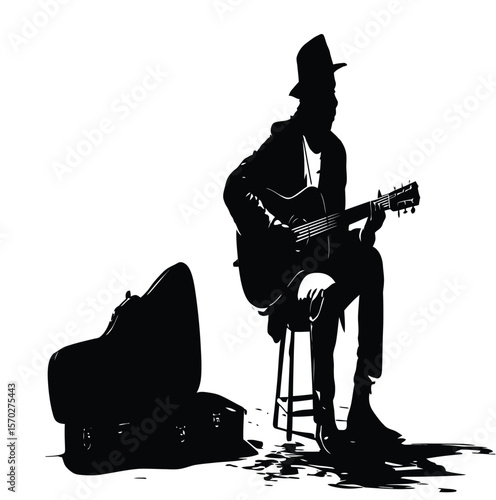 Graphic of a musician playing guitar with a silhouette design, ideal for musical themes and creative content with a classic style.