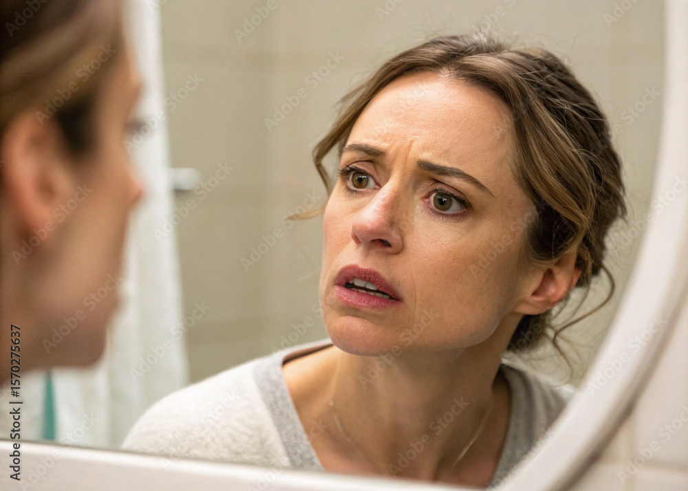 Fototapeta premium Woman concerned about aging beauty in the bathroom. Health Care. Mental care. Depression. Worry. Shock.