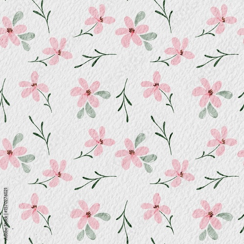Seamless Watercolor Floral Pattern with Pink Daisies and Green Leaves on White Background