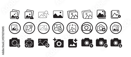 Add Picture icon set vector art, Digital Camera with Plus Icon, Bold Add Photo Symbol, vector illustration eps 10.