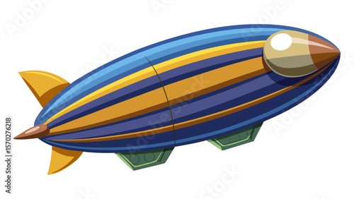 A cartoon blue and gold striped airship or blimp.