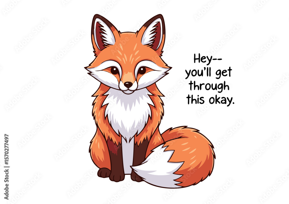Fototapeta premium Cartoon Fox Sitting with Encouraging Message Orange and White Fur.