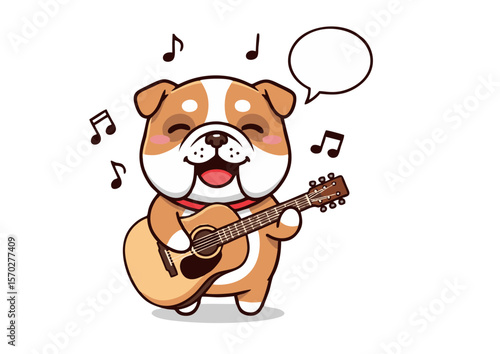 Happy Bulldog Puppy Playing Acoustic Guitar Cartoon Illustration.