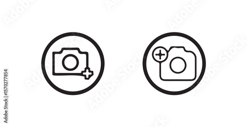 Add Image Icon in Circle Style,  Outline Design, Photo Upload Icon with Plus Sign, Line Art Circle, vector illustration eps 10.