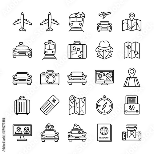 A collection of line-art travel icons depicting various modes of transport, luggage, maps, and navigation tools.