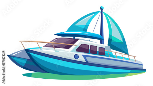 A vibrant cartoon catamaran with blue hulls and a turquoise sail.