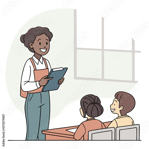 A teacher with a clipboard standing in front of two students in a classroom with a window present here