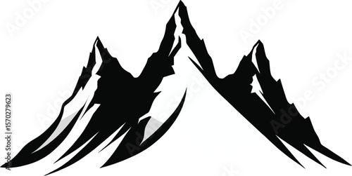 Graphic illustration of sharp mountain peaks in black and white offers a clean, striking visual for outdoor, adventure, and logo design projects. This image showcases a silhouette design, creating a s