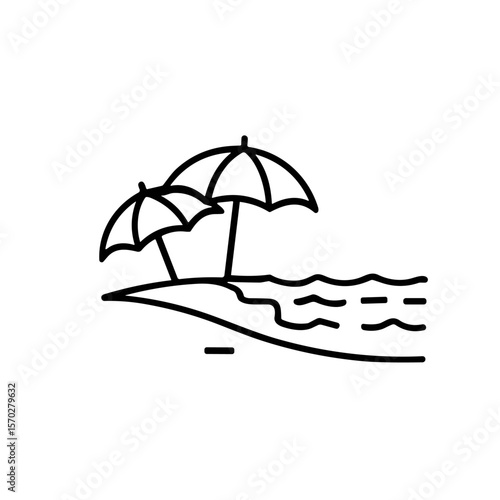 Simple line drawing of a beach scene with umbrellas.