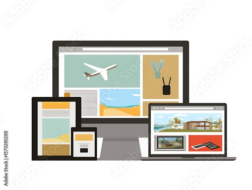 Digital devices displaying various web pages.